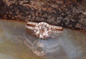 Halo morganite wedding ring set-Diamond engagement ring vintage-Morganite engagement ring rose gold-Halo wedding set-Diamond Matching Band