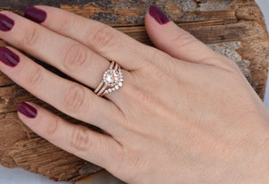 Halo morganite wedding ring set-Vintage wedding ring set-Morganite engagement ring rose gold-Halo wedding set-Curve wedding band