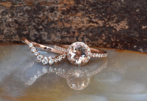 Halo morganite wedding ring set-Vintage wedding ring set-Morganite engagement ring rose gold-Halo wedding set-Curve wedding band