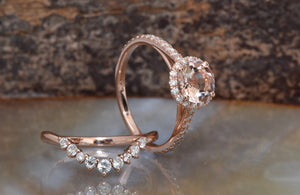 Halo morganite wedding ring set-Vintage wedding ring set-Morganite engagement ring rose gold-Halo wedding set-Curve wedding band