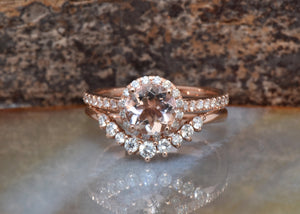 Halo morganite wedding ring set-Vintage wedding ring set-Morganite engagement ring rose gold-Halo wedding set-Curve wedding band
