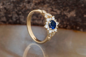 Sapphire halo engagement ring-Art deco Ring-Branch ring-Sapphire Flower engagement ring-Promise ring-Lotus Ring-Sapphire ring--anniversary ring,art deco ring,Blue sapphire ring,Branch ring,Custom Ring,Diamond,engagement ring,flower ring,Gatsby ring,Gemstone,Lotus Ring,promise ring,Ring,Round,Sapphire halo ring,sapphire ring,solid gold ring,vs,vvs