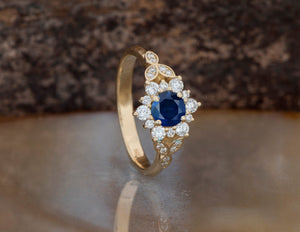 Sapphire halo engagement ring-Art deco Ring-Branch ring-Sapphire Flower engagement ring-Promise ring-Lotus Ring-Sapphire ring--anniversary ring,art deco ring,Blue sapphire ring,Branch ring,Custom Ring,Diamond,engagement ring,flower ring,Gatsby ring,Gemstone,Lotus Ring,promise ring,Ring,Round,Sapphire halo ring,sapphire ring,solid gold ring,vs,vvs