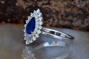 Sapphire vintage ring-Pear cut sapphire ring-Promise ring-Sapphire and diamond ring-Gatsby Ring-Solid gold-Edwardian ring-Halo wedding ring-art deco ring,Baguette,Blue Sapphire ring,Branch ring,engagement ring,Gatsby Diamond Ring,halo wedding ring,Pear,Pear shaped sapphire,Promise ring,Sapphire and diamond,sapphire ring,solid gold ring,twig engagement ring,Vintage ring,vs,vvs