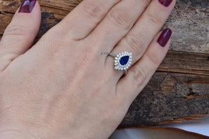 Sapphire vintage ring-Pear cut sapphire ring-Promise ring-Sapphire and diamond ring-Gatsby Ring-Solid gold-Edwardian ring-Halo wedding ring-art deco ring,Baguette,Blue Sapphire ring,Branch ring,engagement ring,Gatsby Diamond Ring,halo wedding ring,Pear,Pear shaped sapphire,Promise ring,Sapphire and diamond,sapphire ring,solid gold ring,twig engagement ring,Vintage ring,vs,vvs