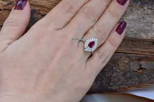Ruby vintage ring-Double halo ring-Ruby engagement ring-Gatsby ring-Baguette ring-Anniversary ring-Ruby promise ring-Ruby engagement ring-anniversary ring,Antique ring,baguette ring,Custom Rings,Double halo ring,engagement ring,estate ring,gatsby ring,Pear,pear shaped ruby,Promise ring,Ruby promise ring,Ruby vintage ring,solid gold ring,vs,vvs