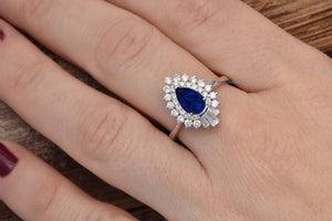 Sapphire vintage ring-Pear cut sapphire ring-Promise ring-Sapphire and diamond ring-Gatsby Ring-Solid gold-Edwardian ring-Halo wedding ring-art deco ring,Baguette,Blue Sapphire ring,Branch ring,engagement ring,Gatsby Diamond Ring,halo wedding ring,Pear,Pear shaped sapphire,Promise ring,Sapphire and diamond,sapphire ring,solid gold ring,twig engagement ring,Vintage ring,vs,vvs