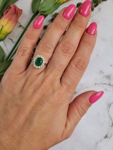 1 carat Green Emerald Engagement Ring-Diamond ring with Emerald-halo emerald ring-Oval cut engagement ring-Diana Ring-vintage emerald ring