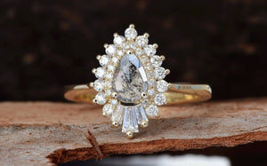 0.9 ct Salt and Pepper alternative engagement ring - 14k 18K Yellow Gold-Anniversary ring,art deco ring,Baguette,Baguette ring,Diamond engagement,engagement ring,Grey diamond,grey diamond ring,Pear,Promise ring,salt and pepper ring,salt and pepper set,salt pepper diamond,Salt pepper ring,vs,vvs,wedding ring