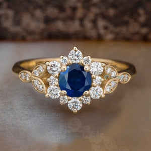 Sapphire halo engagement ring-Art deco Ring-Branch ring-Sapphire Flower engagement ring-Promise ring-Lotus Ring-Sapphire ring--anniversary ring,art deco ring,Blue sapphire ring,Branch ring,Custom Ring,Diamond,engagement ring,flower ring,Gatsby ring,Gemstone,Lotus Ring,promise ring,Ring,Round,Sapphire halo ring,sapphire ring,solid gold ring,vs,vvs