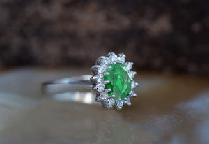 1 carat Green Emerald Engagement Ring-Diamond ring with Emerald-halo emerald ring-Oval cut engagement ring-Diana Ring-vintage emerald ring