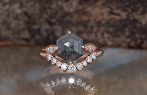 Hexagon wedding set-salt & pepper diamond-Salt and Pepper diamond engagement ring-Salt and pepper ring-Hexagon ring-Hexagon diamond ring