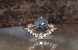 Hexagon wedding set-salt & pepper diamond-Salt and Pepper diamond engagement ring-Salt and pepper ring-Hexagon ring-Hexagon diamond ring