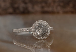 1.5 ct salt and pepper white gold halo engagement ring