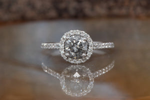 unique engagement Salt and Pepper rings with grey diamond and gold