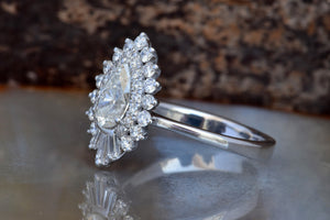 1 1/2 ct vintage diamond ring-Promise ring-Pear shaped engagement ring-Baguette diamond ring-Art deco ring-Solid gold ring-Princess ring