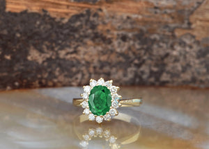 1 carat Green Emerald Engagement Ring-Diamond ring with Emerald-halo emerald ring-Oval cut engagement ring-Diana Ring-vintage emerald ring