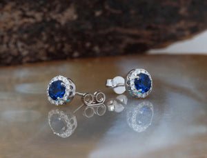 Halo sapphire earrings-Diamond stud Earrings-Gold earrings-Solid gold earrings-Gold stud earrings-Sapphire earrings stud-Sapphire earrings