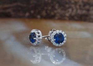 Halo sapphire earrings-Diamond stud Earrings-Gold earrings-Solid gold earrings-Gold stud earrings-Sapphire earrings stud-Sapphire earrings
