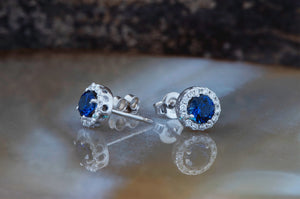 Halo sapphire earrings-Diamond stud Earrings-Gold earrings-Solid gold earrings-Gold stud earrings-Sapphire earrings stud-Sapphire earrings