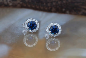 Halo sapphire earrings-Diamond stud Earrings-Gold earrings-Solid gold earrings-Gold stud earrings-Sapphire earrings stud-Sapphire earrings