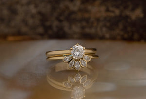 Bridal ring set-Diamond Cluster wedding set-Art deco wedding set-4prong engagement-Curved band set-Gold Solitaire Ring-Diamond enhancer ring