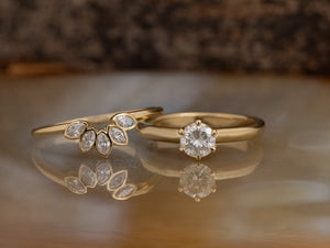 Bridal ring set-Diamond Cluster wedding set-Art deco wedding set-4prong engagement-Curved band set-Gold Solitaire Ring-Diamond enhancer ring