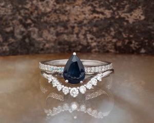 Pear cut sapphire engagement rings-Lace sapphire diamond ring-Custom Ring-Cluster Sapphire wedding ring set-1 carat sapphire,14k white gold,Art Deco Ring,Blue sapphire Ring,Briadal sets,Cluster wedding ring,Custom Ring,engagement ring,Pear cut sapphire,saphhire jewelry,sapphire engagement,sapphire wedding,wedding sets