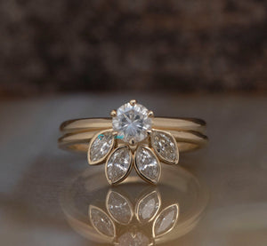 Enhancer ring guard-Bridal set-Diamond Cluster wedding set-Bridal ring sets art deco-4 prong engagement-Curved band set-Gold Solitaire Ring