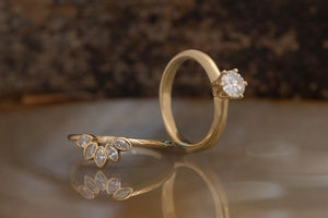 Bridal ring set-Diamond Cluster wedding set-Art deco wedding set-4prong engagement-Curved band set-Gold Solitaire Ring-Diamond enhancer ring