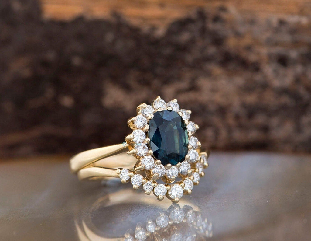 Blue Green Sapphire wedding ring set-Art deco wedding set-Bridal set r ...