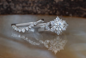 1 carat diamond ring-Flower wedding ring set-Art deco wedding set-Diamond leaf ring yellow gold-Promise ring-Gatsby ring-solid gold ring