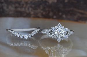 1 carat diamond ring-Flower wedding ring set-Art deco wedding set-Diamond leaf ring yellow gold-Promise ring-Gatsby ring-solid gold ring